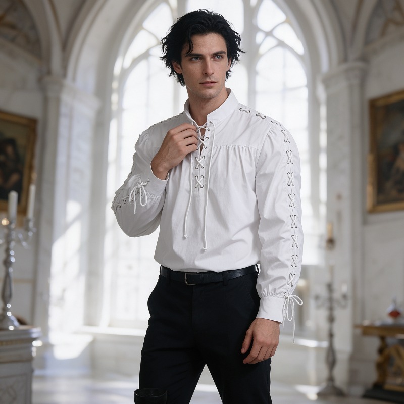 Men Medieval Pirate Lace Up Sh - Medieval Gothic Lace Up Pirate Shirt 评论和价格