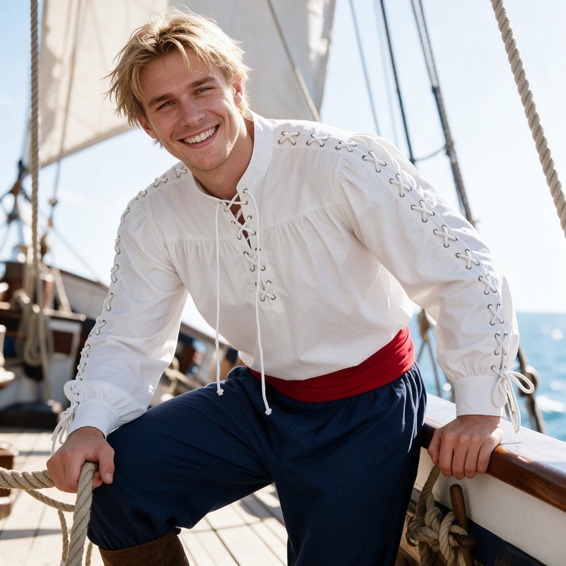Men Medieval Pirate Lace Up Sh - Medieval Gothic Lace Up Pirate Shirt 评论和价格