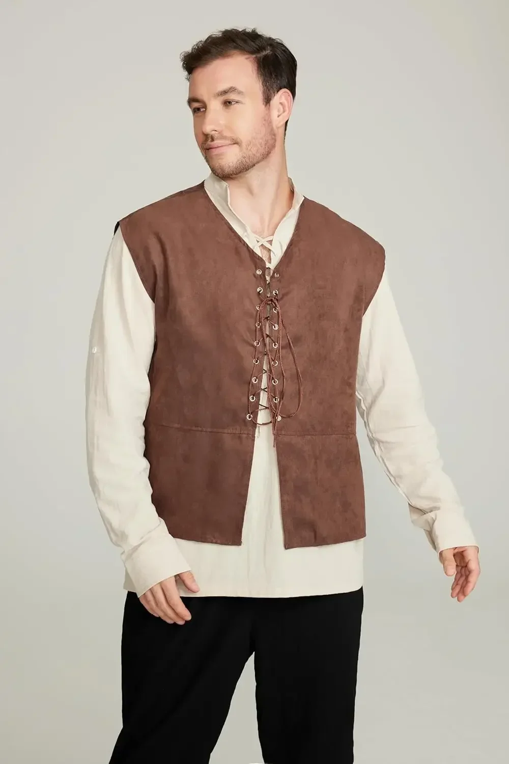 2-piece Set Men's Medieval Pir - Medieval Gothic Lace Up Pirate Shirt 评论和价格