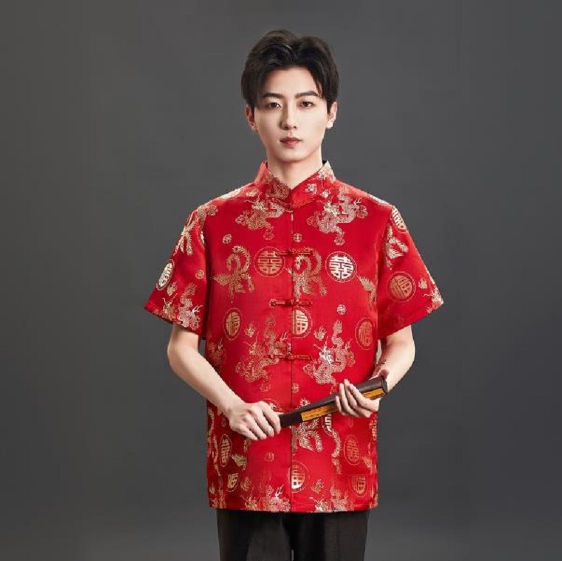 New Chinese Style Embroidery S - Mens Satin Silk Dress Shirt 评论和价格